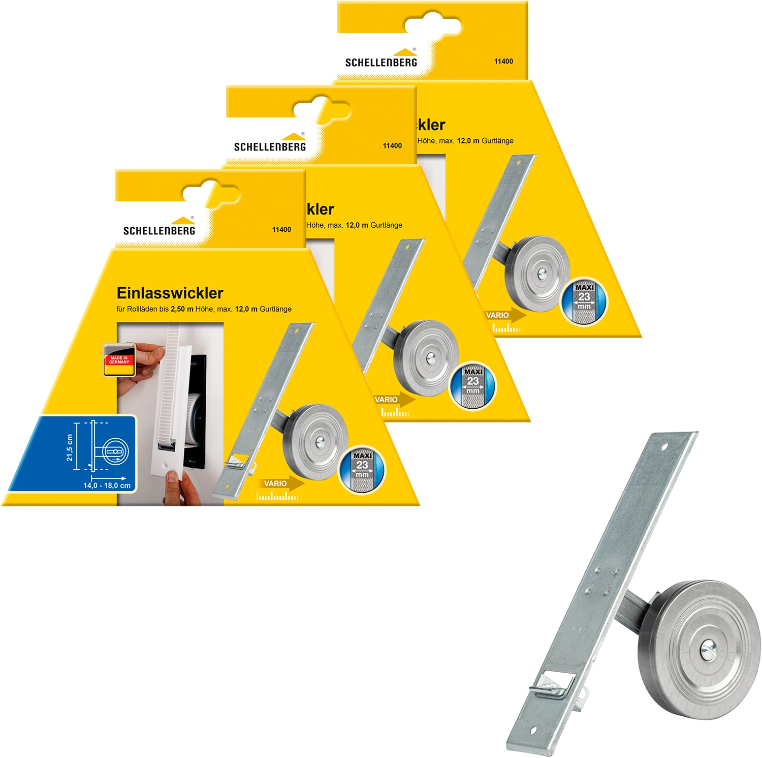 Einlass-Gurtwickler SCHELLENBERG "für das Rollladensystem Maxi, Lochabstand 21,5 cm, Unterputz-Montage", silber (silberfarben), 3 Stk., Gurtwickler, für Rollladengurte mit 23 mm Breite