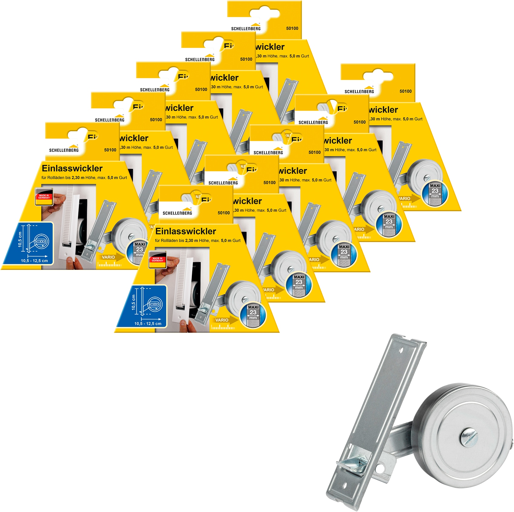 Einlass-Gurtwickler SCHELLENBERG "für das Rollladensystem Maxi, Lochabstand 10,5 cm, Unterputz-Montage", silber (silberfarben), B:50cm, Gurtwickler, für Rollladengurte mit 23 mm Breite