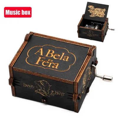 **Hot Antique carved Wooden Hand Crank Beauty and the Beast Music Box Christmas Birthday Gift