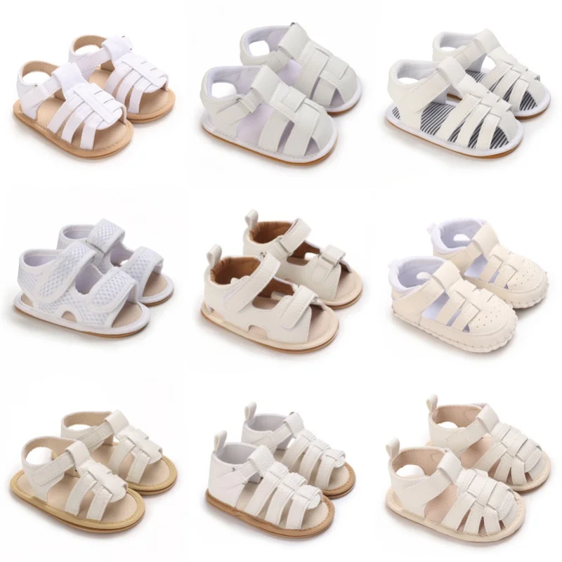 Weiße Sommer 0–18 Monate männliche Baby-Sandalen mit weicher PU-Gummisohle und rutschfestem Anti-Rutsch für Säuglinge und Kleinkinder Wanderschuhe