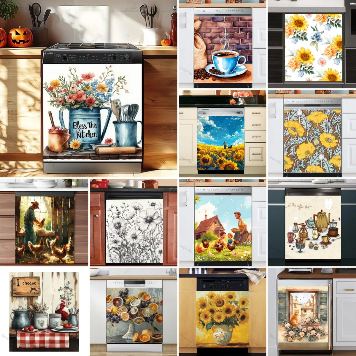 Retro Blumentopf Poster Spülmaschine Aufkleber Wandtattoos Wasserdichtes Vinyl Küche Dekorative Landschaft Waschmaschine Türverkleidung Aufkleber