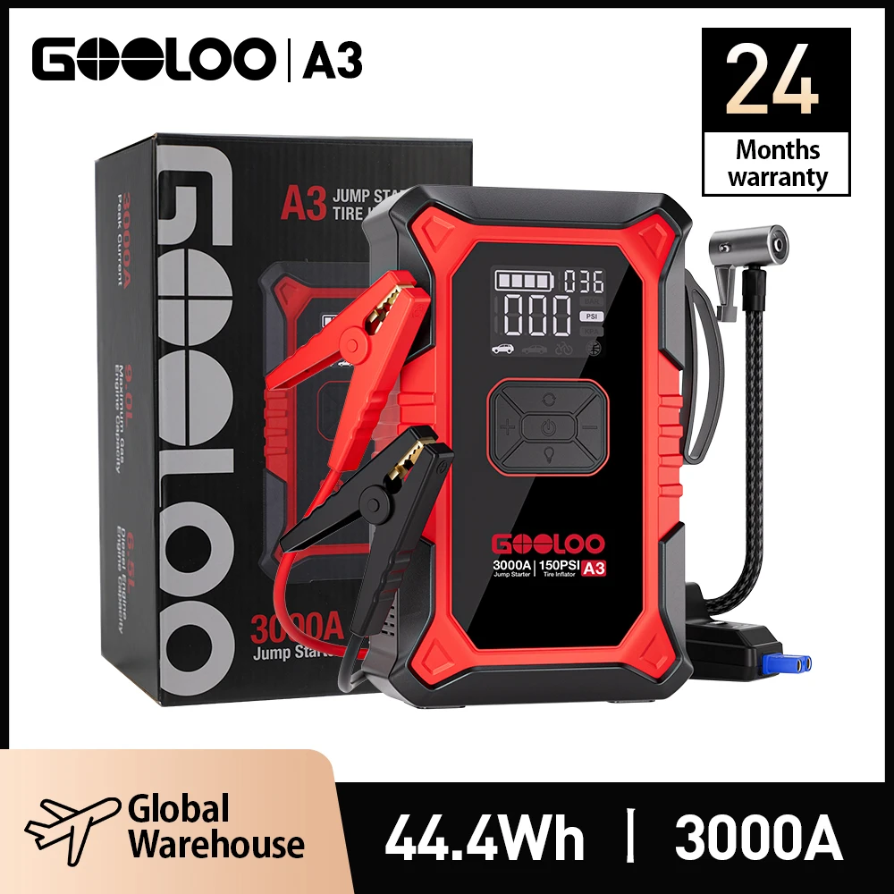 GOOLOO A3 Starthilfe mit Luftkompressor, 3000 A tragbarer Autobatterie-Booster (9,0 Gas/6,5 l Diesel) mit 150 PSI Auto-Shutoff Ti Image