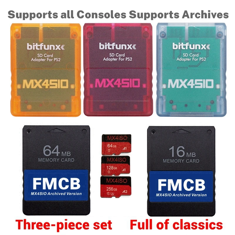 NEUER 2025 PS2 MX4SIO SIO2SD TF/SD-Kartenadapter für PS2-Konsolen + FMCB-Karte + 256G/128G/64G ISO SD-Karte wählen Sie das Kombinationspaket