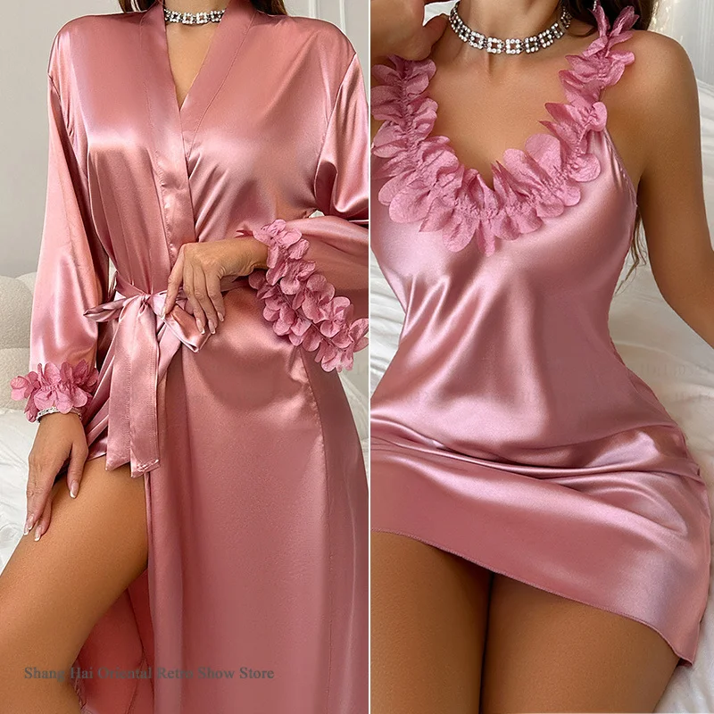 Neue Weibliche 2PCS Robe Set Nachthemd Sexy Spitze Lange Kimono Bademantel Kleid Seide Satin Loungewear Sommer Nachtwäsche Dessous homewear Image