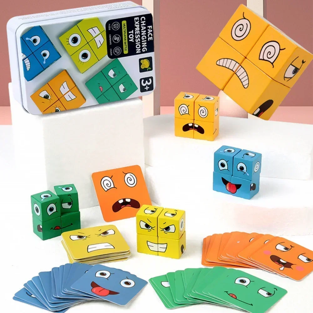 Würfelförmiges Gesichtsausdrucks-Holzpuzzle, Bausteine, Brettspiel, Montessori-Expressions-Holzblöcke, Blocos für Spielzeug und Geschenke Image