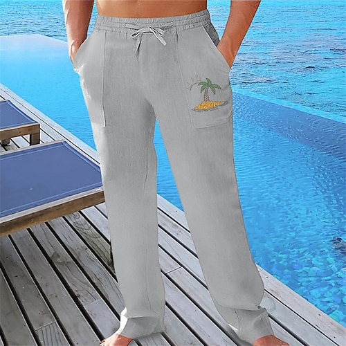 Herren Leinenhosen Hose Sommerhose Strandhose Tasche Kordelzug Elastischer Bund Grafik Komfort Atmungsaktiv Urlaub Täglich Ferien Hawaiianisch Boho Kurkuma Weiß Image