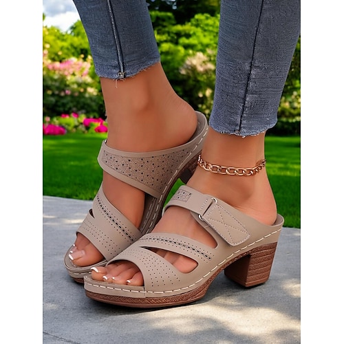 Beige Damensandalen mit Blockabsatz und Cutout-Riemen – bequeme, lässige Pantoletten mit Absatz für lässige Sommeroutfits Image