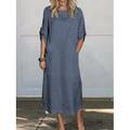 Damen Maxi Kleid A-Linie Kleid Sommer Kleid Leinen Lässig Täglich Reguläre Passform Grafik Schlicht 3/4 Länge Ärmel Rundhals Schwarz Weiß Rot Blau Sommer