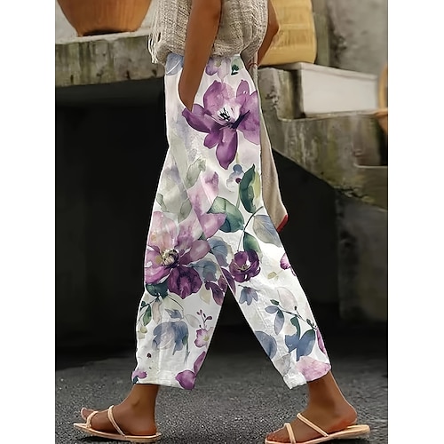 Damen Baumwoll-Leinen-Hosen Baggy-Hosen Leinen ähnlichen Strandshorts Urlaub Vintage Mode Voll Länge Hohe Taille Blumengrafikdruck Thermisch Warm Atmungsaktiv Weich Mikro-elastisch Lässig Violett Image