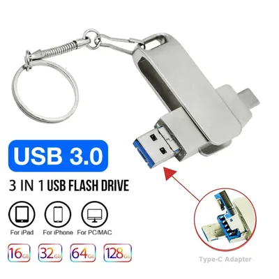 Für 3 IN 1 silberne USB 3.0-Flash-Laufwerke 128 GB Metall-Stick mit Kette 64 GB für iPhone U Disk 32 Image