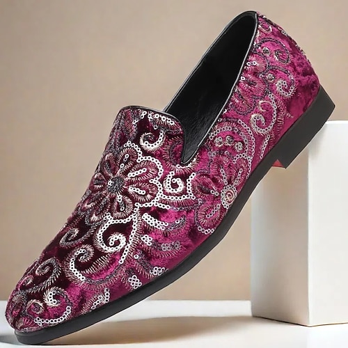 Lila Slipper für Herren mit Blumenstickerei – stilvolle Abendschuhe aus Samt für Abschlussbälle und formelle Anlässe Image