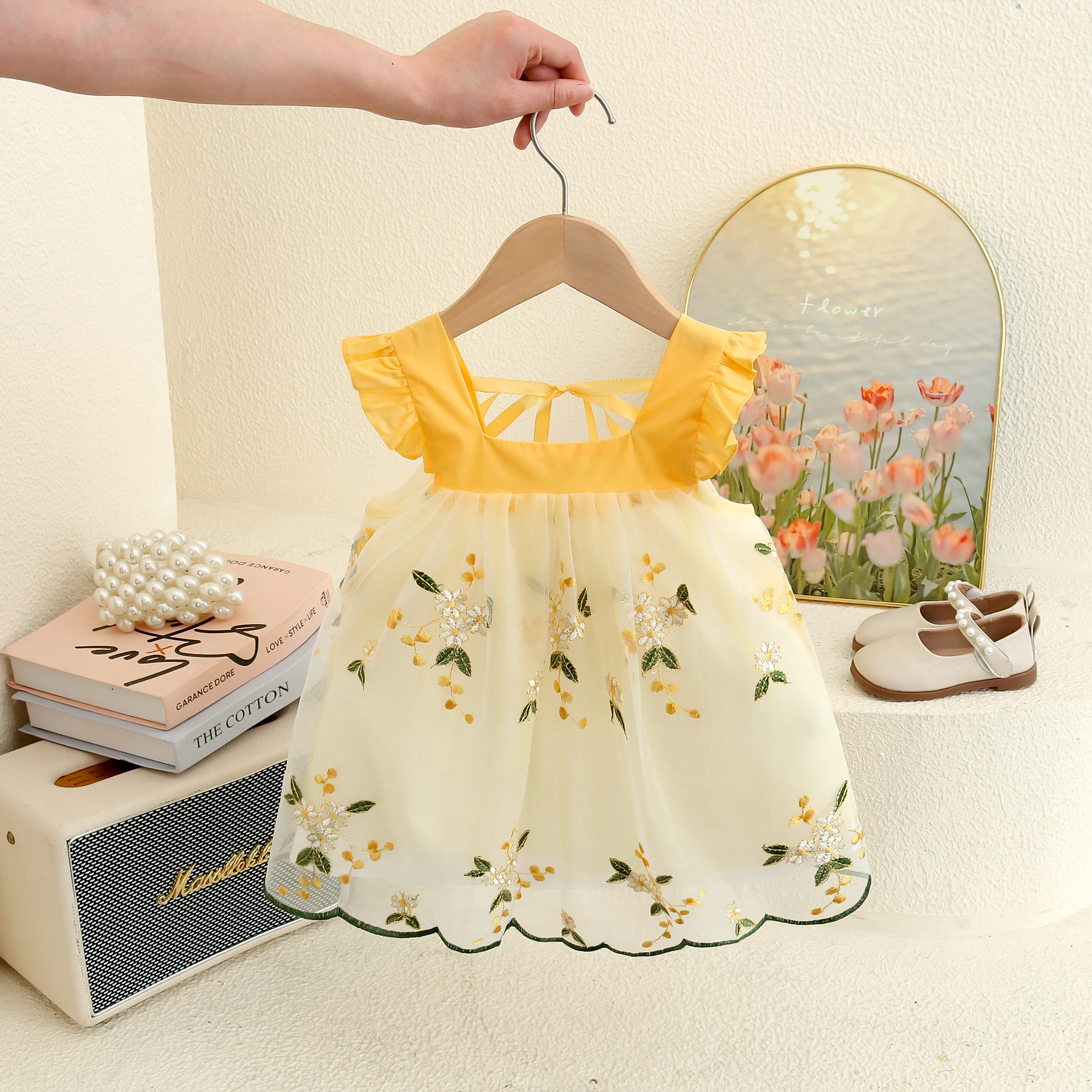 Baby Mädchen Kleider Sommer Floral Mesh Mädchen Kleider Niedliche Kleine Fliegen Ärmel Mädchen Prinzessin Kleider Party Kleider Für Mädchen ﻿ Image