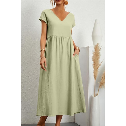 Damen Midikleid Baumwoll Mischung Shiftkleid Basic Klassisch Modern Täglich Urlaub Ferien Normale Passform Einfach Kurzarm V Ausschnitt Schwarz Hellgrün Rosa Armeegrün Sommer Image