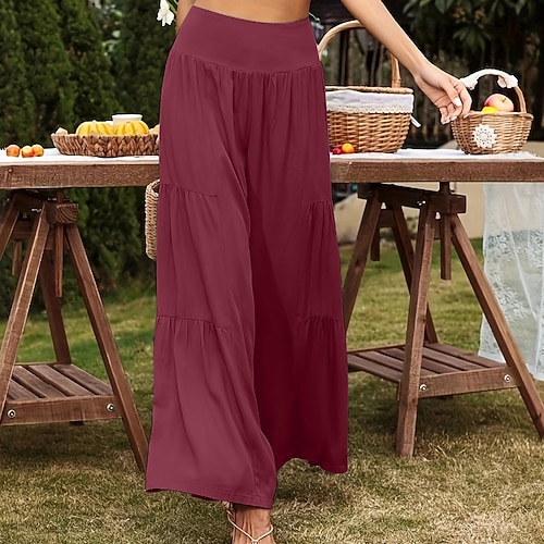 Damen Kunstbaumwollleinen Stoffhosen Mode Volle Länge Natürliche Taille Einfach Elastischer Bund Außenbereich Bequem Alltagstauglich Wochenende Hellmagenta Wein Marineblau Hellhimmelblau Sommer Image