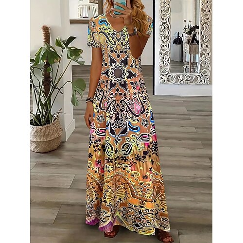 Damen Maxikleid T-Shirt-Kleid Sommerkleid Urlaub Boho Ferien Normale Passform Grafik Stammes Abstrakt Kurzarm Rundhalsausschnitt Blau Gelb Purpur Orange Sommer Frühling Image