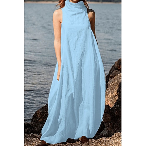 Damen Langes Kleid Maxikleid Baumwoll Mischung Shiftkleid Sommerkleid Mode Klassisch Modern Urlaub Ausgehen Wochenende Normale Passform Einfach Ärmellos Rollkragen Schwarz Khaki Dunkelgray Leicht Blau Image
