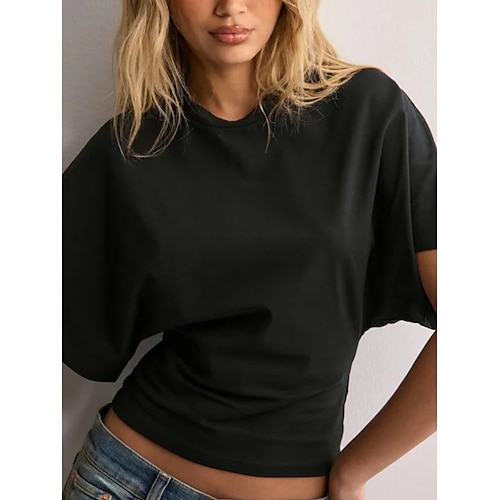 Damen T-Shirt Einfarbig Schlicht Basic Modern Lässig Halblangarm Rundhalsausschnitt Reguläre Oberteile Alltag Wochenende Schwarz Weiß Pink Braun Sommer Image