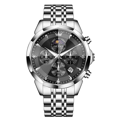 Olevs 3673 Herrenuhren Rhombus Zifferblatt Mondphase Zeiger Uhr massiver Edelstahl wasserdicht Datum Armbanduhr