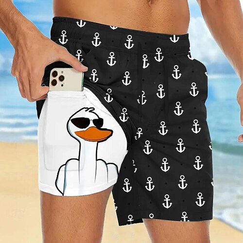 Herren Anker Lustig Ente Gefütterte Shorts 2 in 1 Badeshorts Badeshorts Mittlere Taille Hawaiianisch Urlaub Ferien Strandbekleidung Seitentaschen Mit Kompressionsfutter Elastischer Kordelzug in der Image