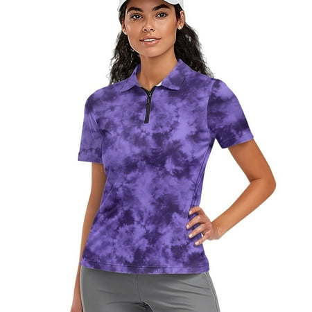 COEQINE 1/4 Zip Golf Shirts for Women Moisture Wicking Soft Quick Dry Fit Polo Shirts Purple Tie Dye Print Workout Golf Tops Lightweight Short Sleeve Tennis Activewear M
