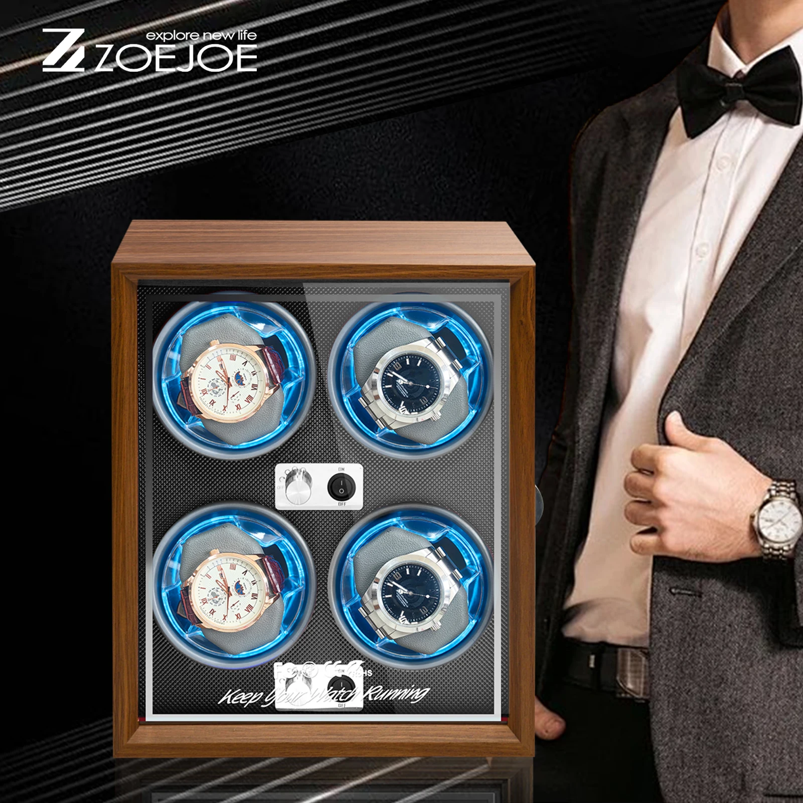 1pc ZOEJOE Watch Winder Box, 4 Watch Winder for Automatic Watches, Watch Winding Case Fit Men's and Women's Watches,
