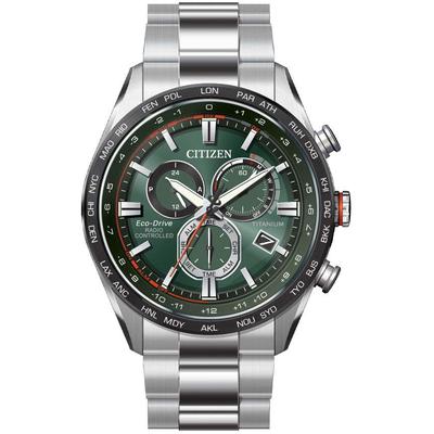 Funkchronograph CITIZEN, silber (titansilberfarben, grün), Armbanduhren, Herren, Armbanduhr, Herrenuhr, Solar, Titan, Datum, Stoppfunktion Image