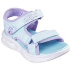Sandale SKECHERS "SOLA GLOW SANDAL", Kinder, Gr. 32, bunt (hellblau, lavendel), Lederimitat, Textil, kontrastfarbene Details, Glitzer, casual, Schuhe, Klettschuh, mit Glitzer, Blinkfunktion, Größenschablone zum Download