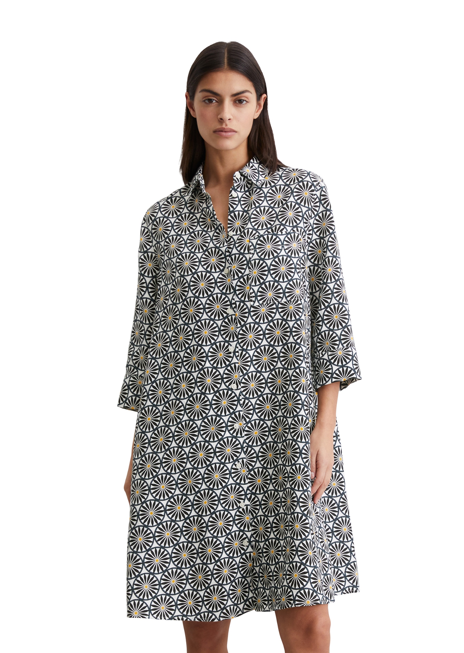 Midikleid MARC O'POLO "mit Print-Muster", Damen, Gr. 32, Normalgrößen, weiß (mf56), Obermaterial: 100% Leinen, bedruckt, relaxed fit knielang, Manschette, Kleider Midikleid