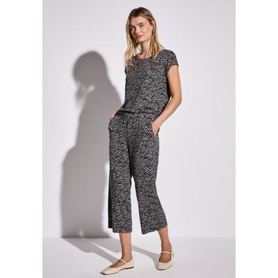 Overall STREET ONE, Damen, Gr. 36, EURO-Größen, blau (tiefblau), Stoff, 95% Viskose, 5% Elasthan, bedruckt, casual, gerade wadenlang, Rundhals, Kurzarm Bündchen, Overalls, mit seitlichen Einschubtaschen Image