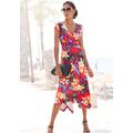 Sommerkleid LASCANA, Damen, Gr. 42, N-Gr, rot, blau bedruckt, Jersey, Obermaterial: 95% Viskose, 5% Elasthan, bedruckt, feminin, figurbetont kniebedeckend, Kurzarm, Kleider, mit Zipfelsaum und Schleife in der Taille, Jerseykleid, Strandkleid