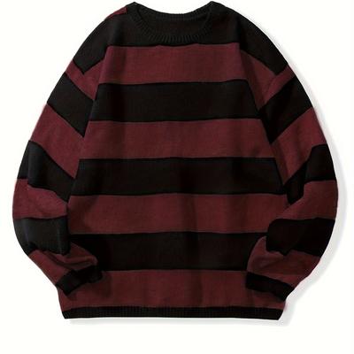 TEMU Men's Casual Fashion Striped Pullover Sweater, Spring/autumn Thin Polyester Knit, Round Neck, Stretchy Fabric, Regular Fit Image
