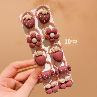 TEMU 10pcs Cute Hair Ties - Stretchy, Small Elastic Bands With Strawberry, Peach, Blueberry, And More Designs For Teens, Resin Material Image