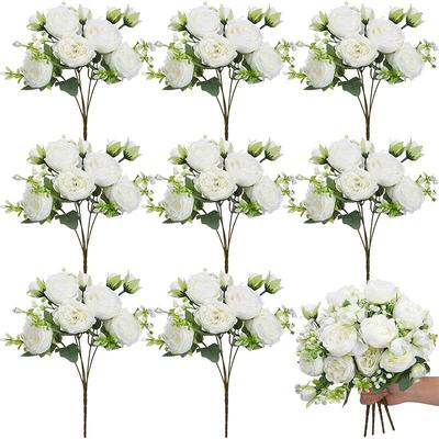 TEMU A Bouquet Of 8 Lifelike Artificial Peonies With Stems, Centerpiece Decor On Dining Tables, Wedding Arrangements, And Bridal Floral Designs (in White). Image