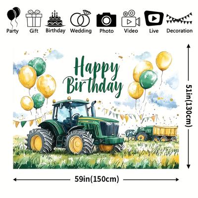 TEMU 1pc Modern Celebration Backdrop, Farm Tractor & Balloons Design, Polyester Party Decor, For Cake Table, Photobooth Banner, Home & Holiday Decorations, With No Power Needed Image