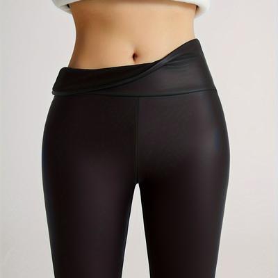 TEMU Women's High-waist Leggings - Plush Lined, Stretchy & Warm Fitness Pants, Solid Black, High Elasticity, Machine Washable, , Workout Leggings Image