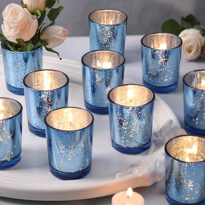 TEMU Elegant Blue Glass Votive Candle Holder Set Of 6/12 - Sparkling Tea Lights For Weddings, Showers & Party Decor, Home Tabletop Display, Candle Holder Decor Image