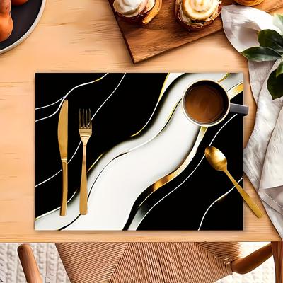 TEMU 4pcs Elegant Black & Pattern Placemats - Polyester, Rectangular, Machine Washable, Dining Room, Kitchen, And Coffee Table Decor, Dinner Table Decor | | Placemats, Placemats For Table