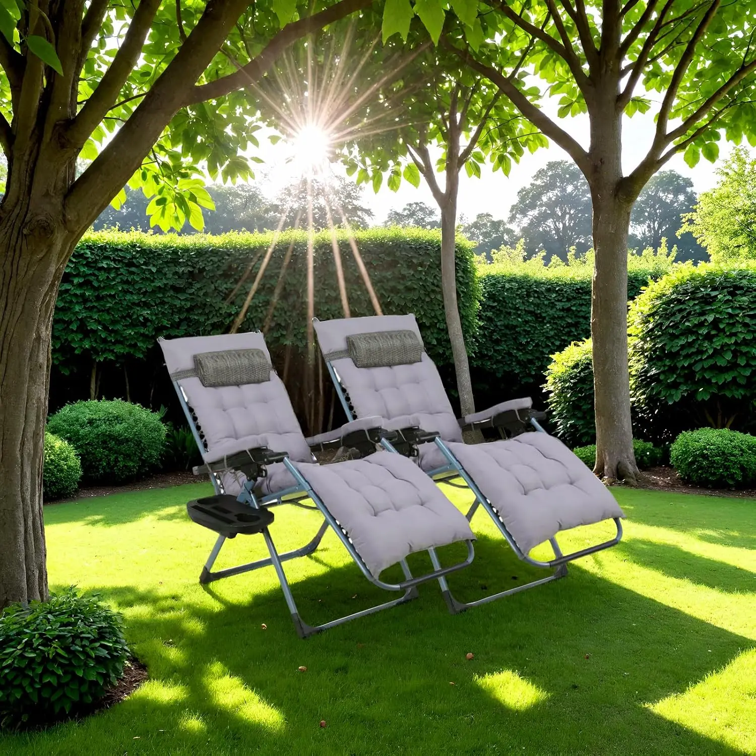 2 Stück klappbarer Zero-Gravity-Loungesessel in Übergröße, Liegestühle, Baumwollkissen für Garten, Außenterrasse, Sonnenliege, Belastung 160 kg Image