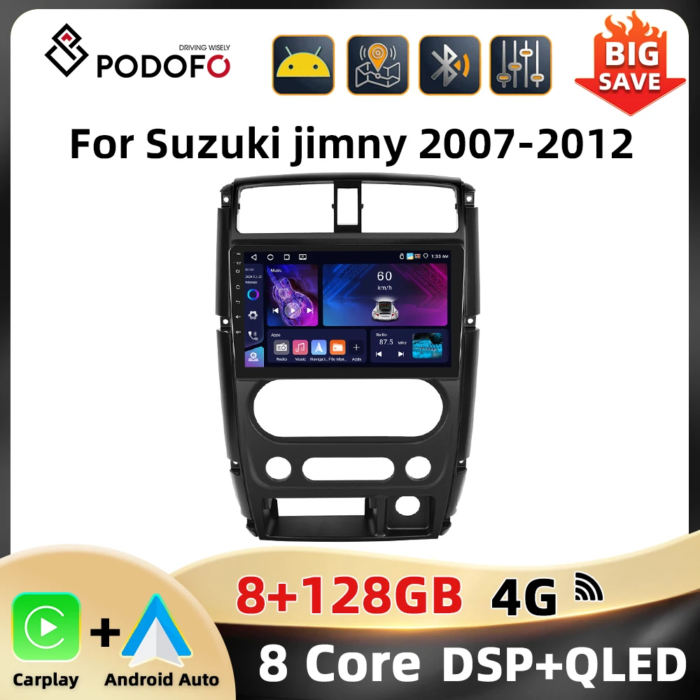 Podofo 8Core AI Voice Car Audio For Suzuki Jimny 2007-2012 Multimedia Player Android Auto Carplay WIFI 4G Bluetooth Car Stereo Image