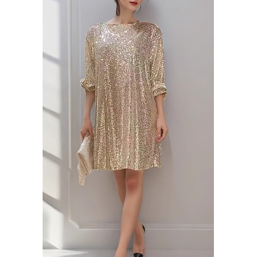 Per donna Mini Abito Abito con Paillettes Vestito da Festa Moda Feste Cocktail party Vestibilità regolare Semplice Manica Lunga Girocollo Nero Bianco Champagne Rosso Estate