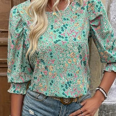 TEMU Women's Floral -quarter Sleeve Blouse - Casual Summer Top With Details, Light Blue With Pink And Green , Spring And Fall, Casual Attire|floral Print Top| Sleeve Design, Ladies Blouses Image