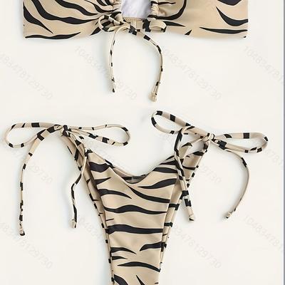 TEMU Xingshangyu Women's Sexy Leopard Print Bikini Set, Adjustable Lace-up Tie, High Stretch Knit Fabric, Bandeau Top, Sleeveless, Polyamide 82% Elastane 18% Image