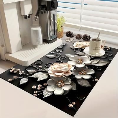 TEMU 1pc 3d Floral Absorbent Kitchen Mat – Non-slip Quick-dry Silica Gel Pad With Elegant White Roses & Green , Countertops, Dish Drying, And Coffee Machines, Polyester Cover Image