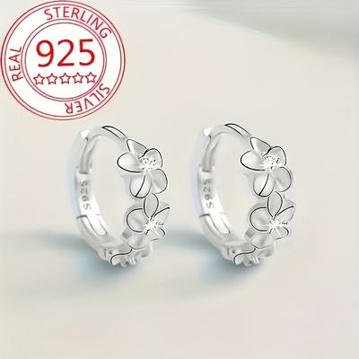 TEMU 1 Pair Vintage Boho Style 925 Sterling Silver Plated Flower Hoop Earrings With Synthetic Zirconia, Elegant For Women, , Holidays, And Gift- - Christmas Ready Image