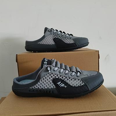 TEMU Men' Slip-resistant Loafers - Breathable Mesh Upper, Non-slip Rubber Sole, Casual Zip-, Navy With Orange Accents, Shoes Image