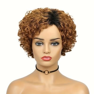 TEMU 6inch 1b/30 Brown Afro Curly Human Hair Wig Hair Short Water Wave Wigs.easy And Fast To Wear Image