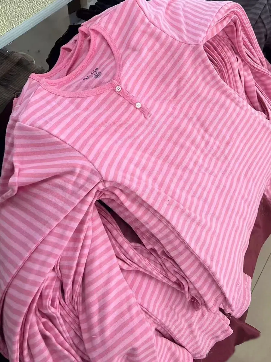 Pink Striped Slim Long Sleeve Tees Women Spring Casual Cotton O-neck Tshirt New Tops Clothes Sweet Cute Vintage T-shirts Y2K