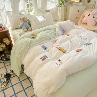 New washed cotton towel embroidery four-piece set animal paradise bed sheet bed hat home student dormitory three-piece set