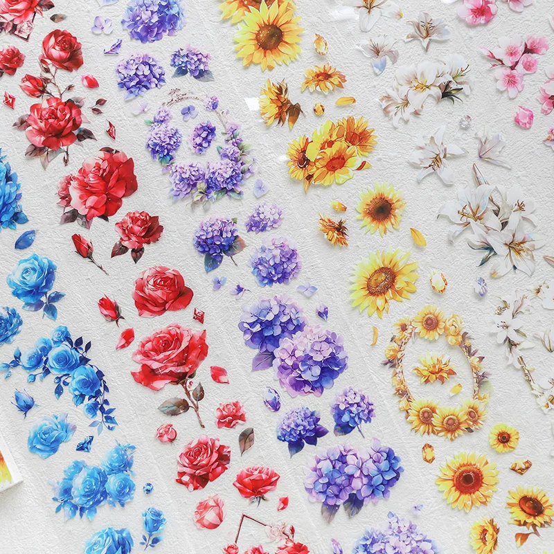 2 m/Rolle glänzende florale PET-Aufkleber, Blumen-dekoratives Landschaftsbau-Handbuch-Klebeband für Scrapbooking, Tagebuch, ästhetisches Briefpapier Image