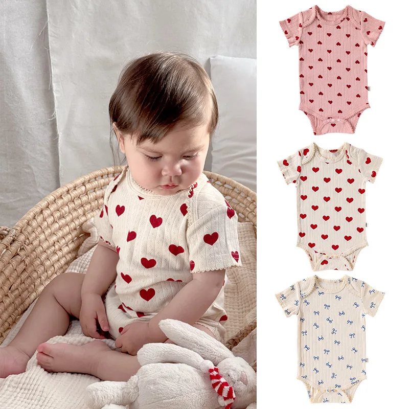 0-24M Baumwolle Baby Mädchen Strampler Herz Druck Nette Prinzessin Body Sommer Neugeborenen Kind Baby Kleidung Kurzarm outfit Image